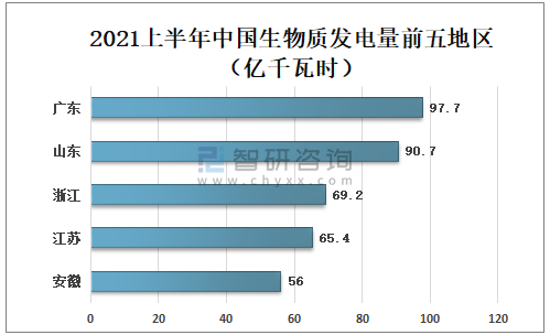 2021上半年中國生物質(zhì)發(fā)電量前五地區(qū)