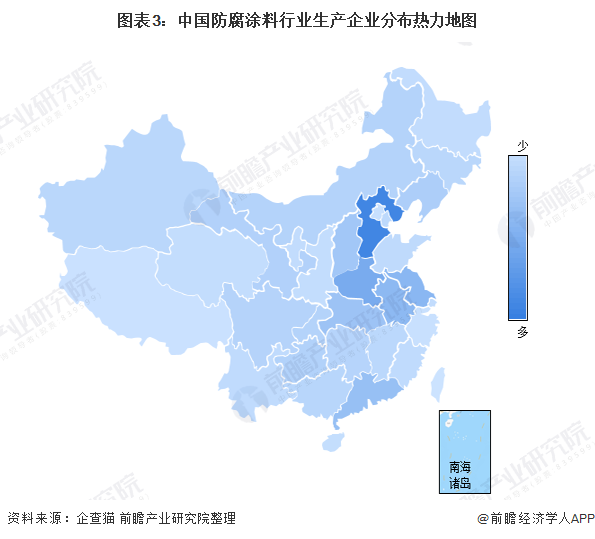 圖表3：中國防腐涂料行業(yè)生產(chǎn)企業(yè)分布熱力地圖