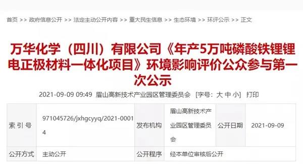 萬華化學(xué)擬建5萬噸/年磷酸鐵鋰正極材料一體化項(xiàng)目