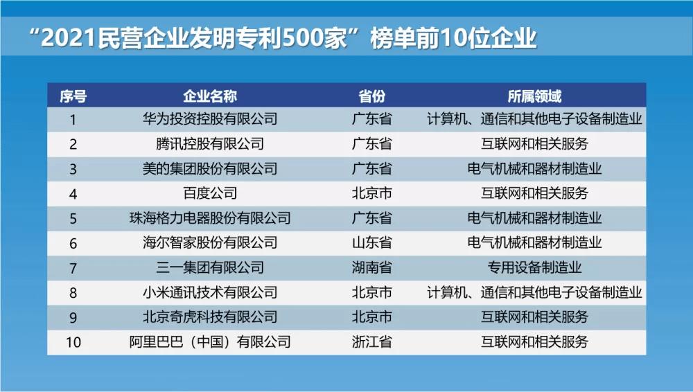 2021民營(yíng)企業(yè)發(fā)明專利500家